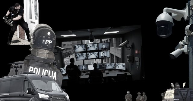 Različni elementi policijskega nadzora: od policistov, do nadzornih kamer, ekranov in nadzornih vozil.