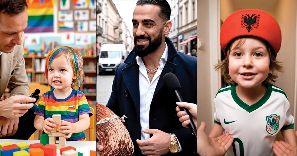 Triptih treh prizorov: levo odrasel moški z mikrofonom nagovarja majhnega otroka v vrtcu z mavrično zastavo v ozadju