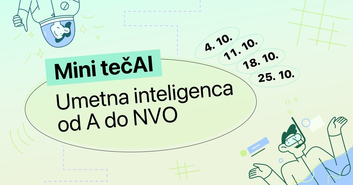 Ilustracija naslovne grafike za serijo predavanj Mini tečAI: Umetna inteligenca od A do NVO z datumskimi oznakami petkov v oktobru. Na sliki sta upodobljena risana lika, eden v vesoljski obleki in drugi s potapljaško masko.