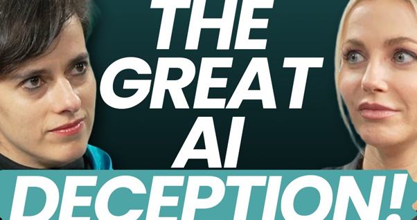 Grafika za podkast The Tea z napisom THE GREAT AI DECEPTION!. Prikazuje portreta Carisse Véliz na levi in voditeljice na desni na temni podlagi.