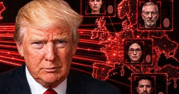 Grafika na levi strani prikazuje resen portret Donalda Trumpa. V ozadju je rdeče osvetljen digitalni zemljevid Evrope, čez katerega so razporejeni štirje okvirji s portreti različnih ljudi, ki spominjajo na sisteme za prepoznavanje obrazov in prstnih odti