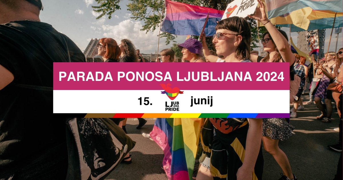 Parada ponosa Ljubljana 2024, 15. junij. V ozadju je fotografija s pretekle parade.