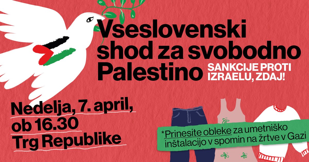 Naslovna grafika shoda, na katerem je bela golobica s palestinsko zastavo