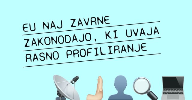 Grafika z emotikoni, ki ponazarjajo množični nadzor in rasno profiliranje