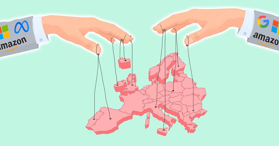 Ilustracija Evrope kot marionete, ki jo nadzorujejo roke z logotipi tehnoloških gigantov (Google, Amazon, Microsoft, Meta).