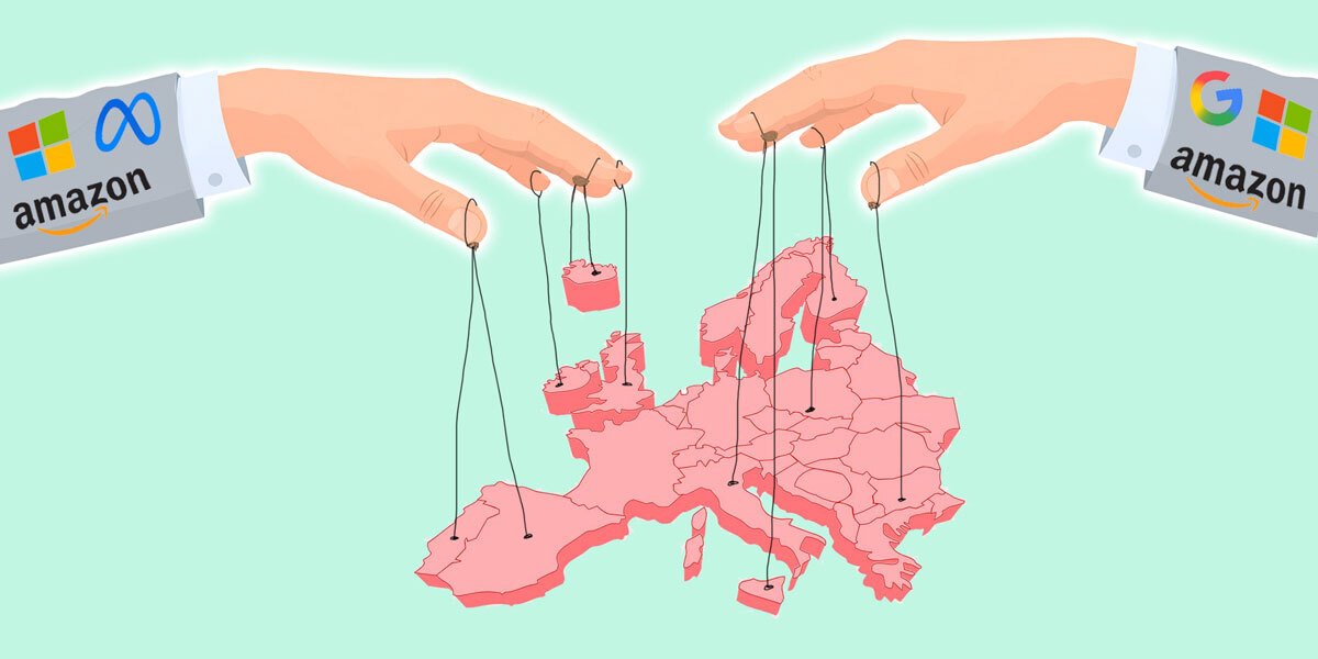 Ilustracija Evrope kot marionete, ki jo nadzorujejo roke z logotipi tehnoloških gigantov (Google, Amazon, Microsoft, Meta).
