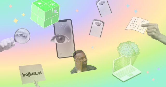 Barvita kolažna ilustracija z motivi nadzora, umetne inteligence, pametnega telefona, možganov, sefov in napisom bojkot.si.
