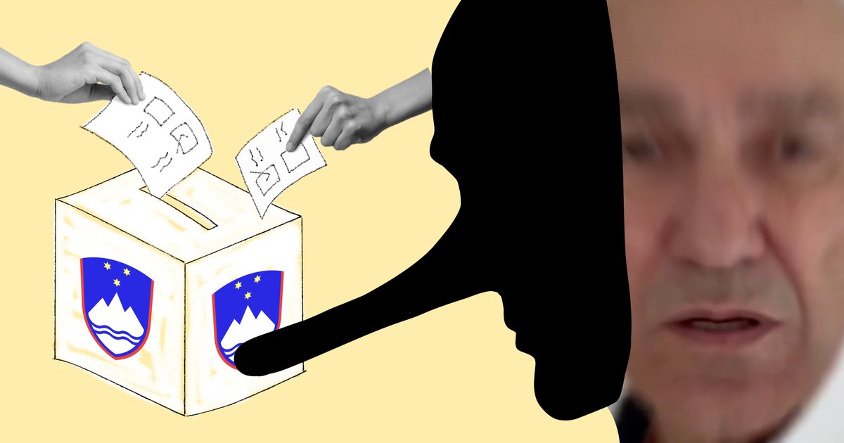 Ilustracija rok, ki oddajajo glasovnice v glasovalno škatlo s slovenskim grbom. Na desni je fotografija Janeza Janše in ilustracija obrazne maske z dolgim, lažnjivim nosom.