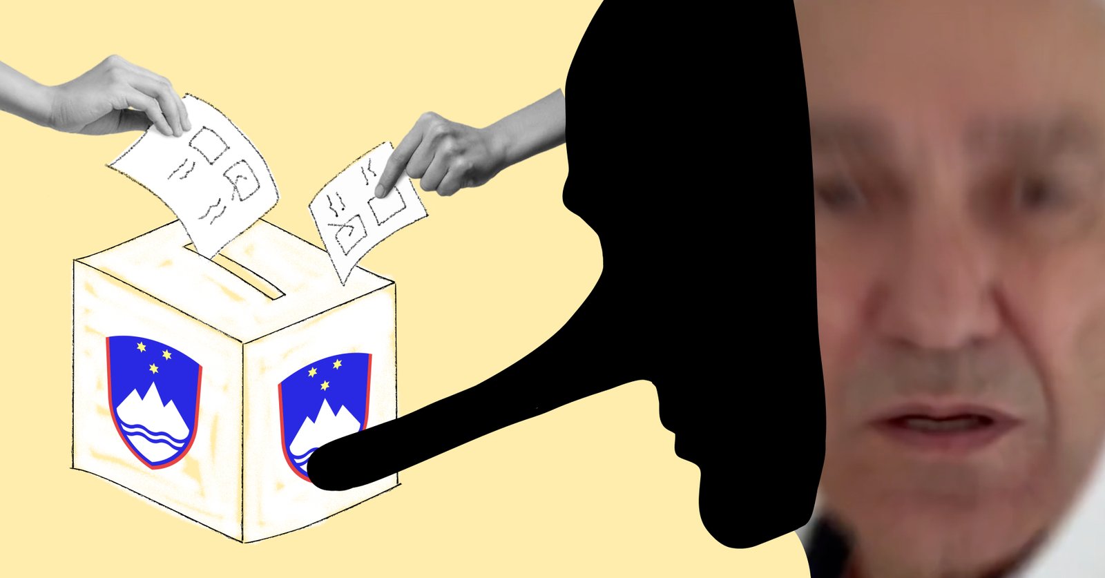 Ilustracija rok, ki oddajajo glasovnice v glasovalno škatlo s slovenskim grbom. Na desni je fotografija Janeza Janše in ilustracija obrazne maske z dolgim, lažnjivim nosom.