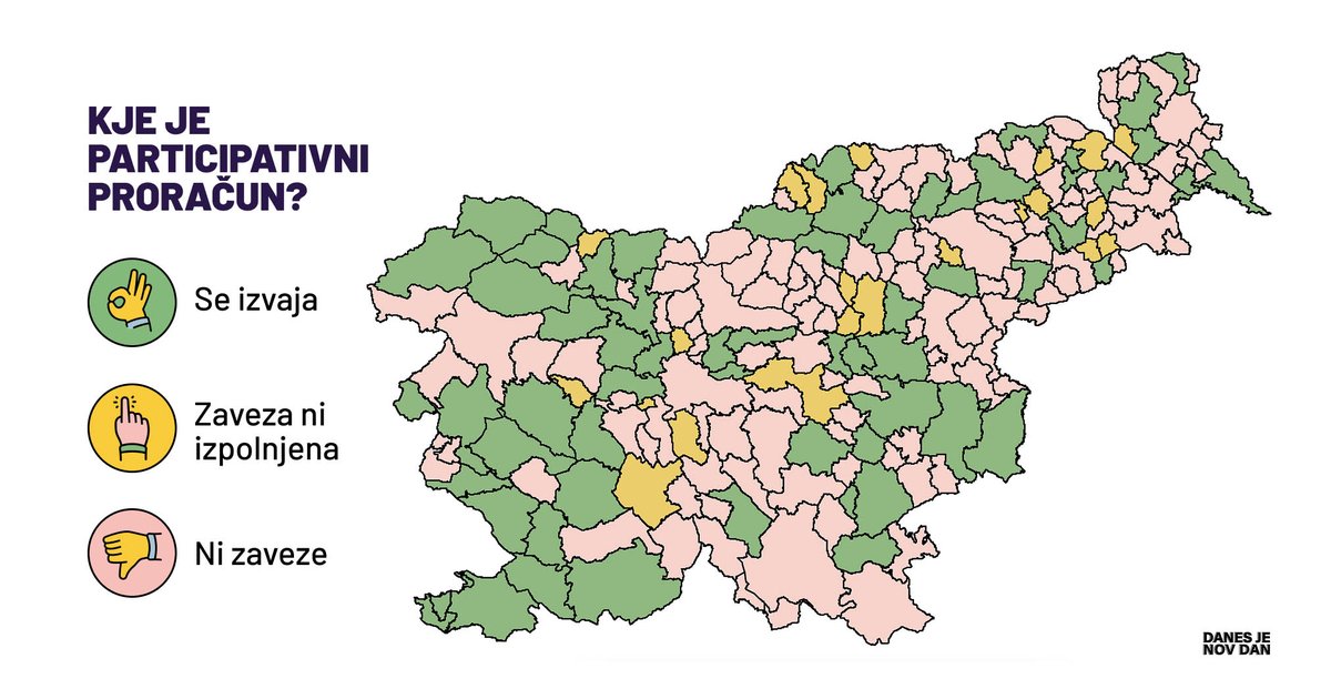 Zemljevid Slovenije, na katerem je označeno, katere občine izvajajo participativni proračun in katere ne.