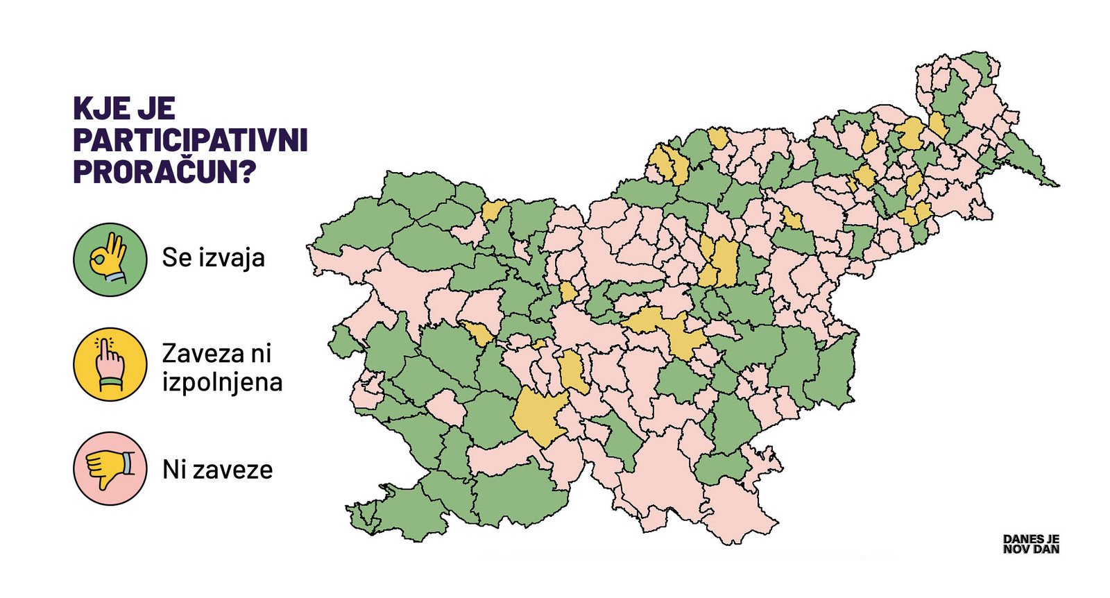 Zemljevid Slovenije, na katerem je označeno, katere občine izvajajo participativni proračun in katere ne.