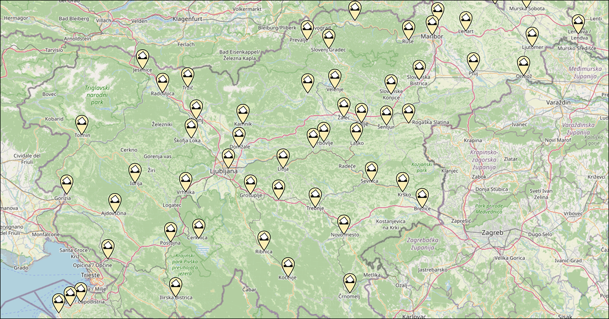 Zemljevid Slovenije, na katerem so označena OMNIA volišča.