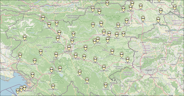 Zemljevid Slovenije, na katerem so označena OMNIA volišča.