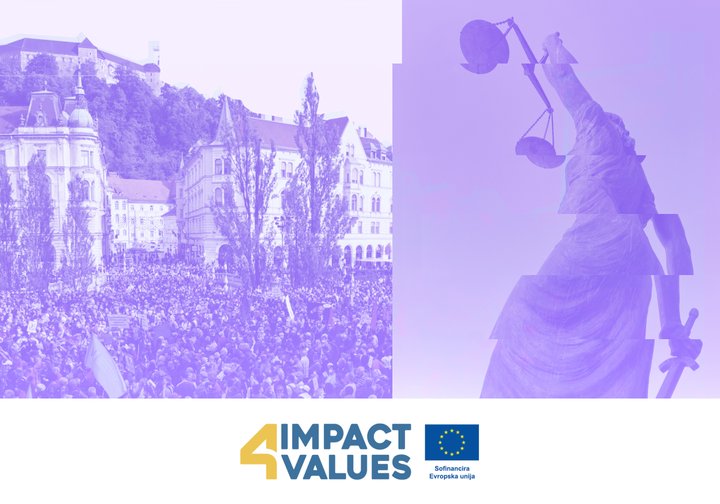 Kolaž fotografije protesta v Ljubljani in kip pravice, spodaj logotip programa Impact4values 2.0 in Evropske unije.