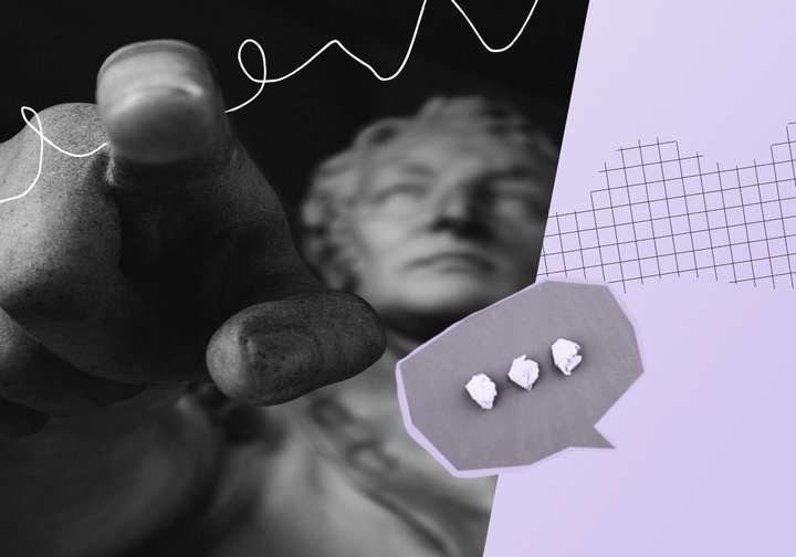 Na desni govorni oblačel, na levi slika kipa, ki kaže s prstom.