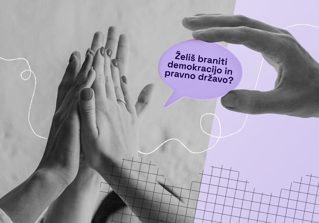 Slika rok, ki ploskajo skupaj, ena od njih pa med prsti drži oblaček, v katerem piše Želiš braniti demokracijo in pravno državo?