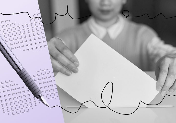 Levo ilustrazija svinčnika, desno črno-bela slika osebe, ki v volilno skrinjico oddaja glasovnico.