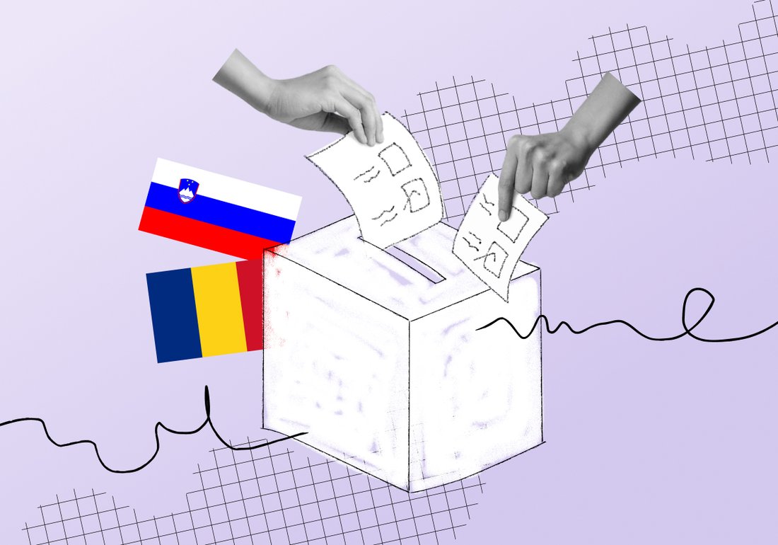 Volilna skrinjica, v katero dve roki oddajata glasovnici, zraven romunska in slovenska zastava.