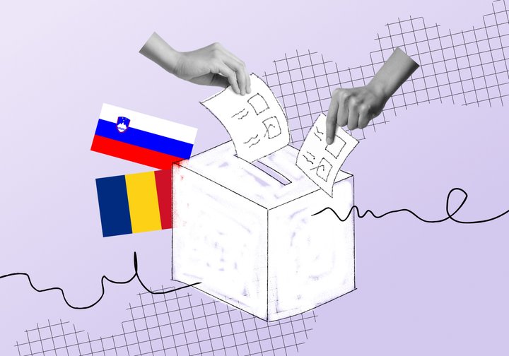 Volilna skrinjica, v katero dve roki oddajata glasovnici, zraven romunska in slovenska zastava.