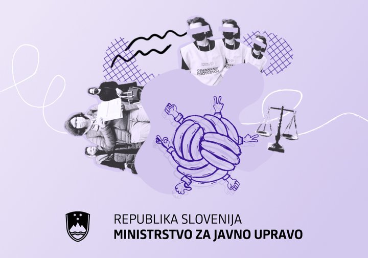 Kolaž, ki ponazarja Pravno mrežo in logotip Ministrstva za javno upravo