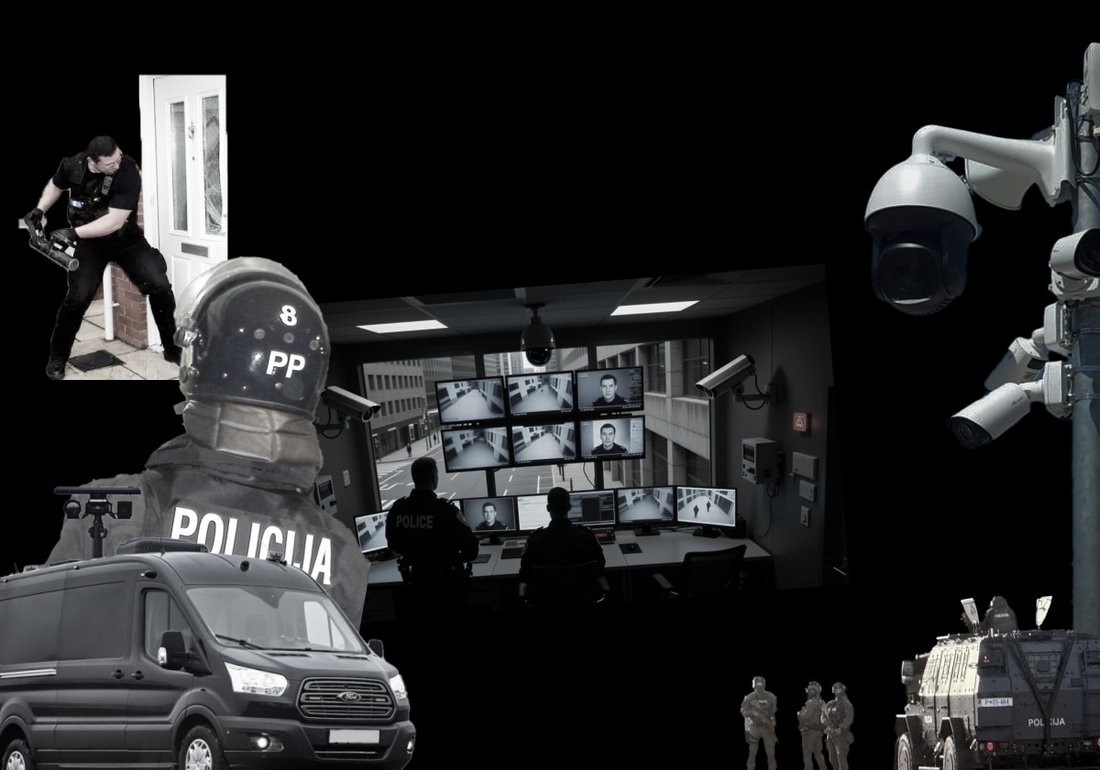 Slika prikazuje različne elemente policijskega nadzora.