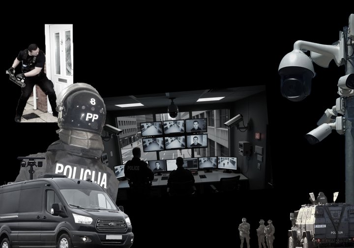 Slika prikazuje različne elemente policijskega nadzora.