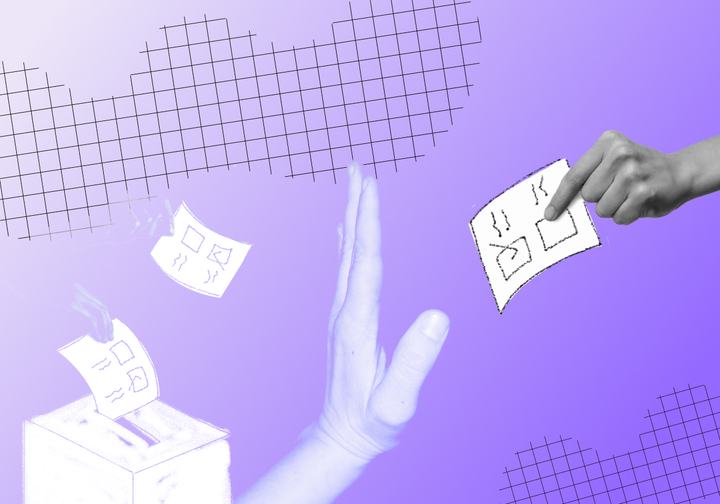 Roke, referendumski lističi, ena roka ustavlja oddajo lističa v skrinjico.