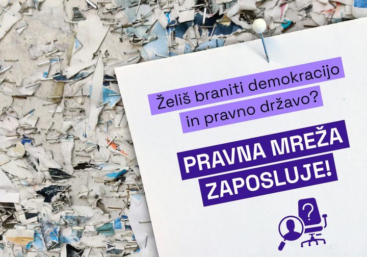 Oglas za zaposlitev, na katerem piše "Želiš braniti demokracijo in pravno državo?" in "Pravna mreža zaposluje"