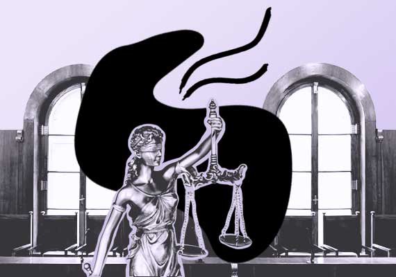 Kolaž elementov: Lady Justice, dvorana ustavnega sodišča, grafični elementi.