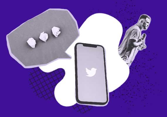 Novice: svoboda govora (kolaž elementov: oblaček s tremi pikami, telefon s twitter zaslonom, govorec, grafičlni elementi)