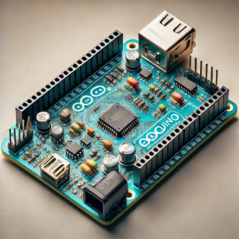 DALL·E 2024-10-14 21.42.49 - A detailed close-up of an Arduino microcontroller board, showing components like the microcontroller chip, digital pins, analog pins, USB connector, a