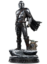 Figurine en résine du Mandalorian avec Grogu dans Star Wars: The Mandalorian par Iron Studio (Legacy Replica)