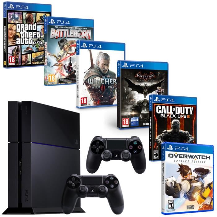 ps4-500-go-noire-overwatch-gta-v-batman-arkham-knight-call-of-duty-the-witcher-iii-battleborn-2eme-manette