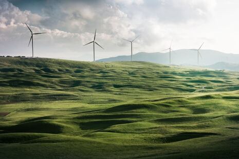 photographie d'une plaine avec un champ d'éoliennes