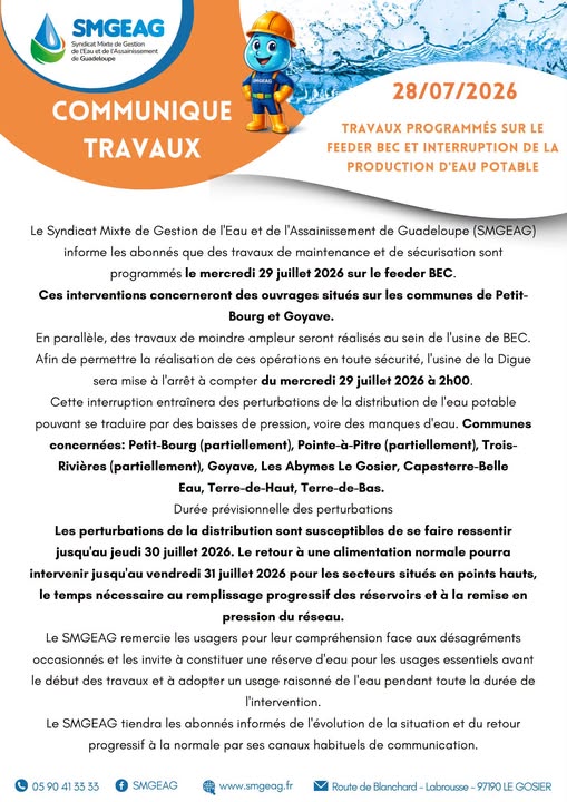 Travaux sur le feeder de Belle-Eau Cadeau à Goyave Ce mercredi 29 juillet 2026, …