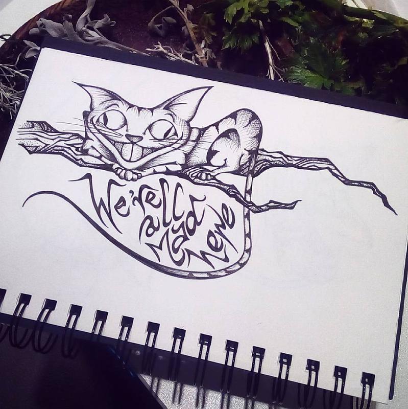 Illustration abstraite à l'encre représentant le chat du Cheshire d'Alice au pays des merveilles