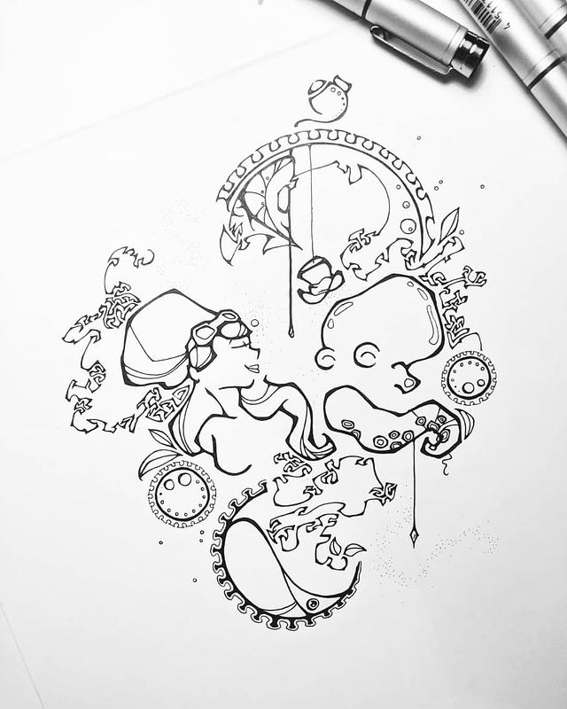 Illustration à l'encre, reprise de Otto et Victoria de Brian Kesinger