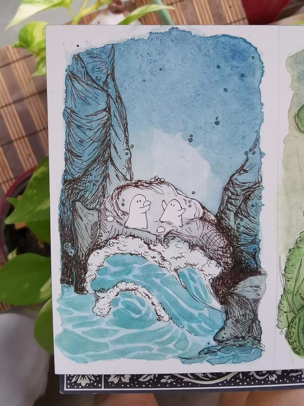 Illustration à l'aquarelle représentant des petits êtres dans une caverne, entourés de grandes vagues en furie.