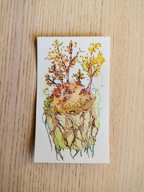 Illustration à l'aquarelle représentant des petits êtres de la nature sur une boule de terre avec des arbres aux couleurs de l'automne.