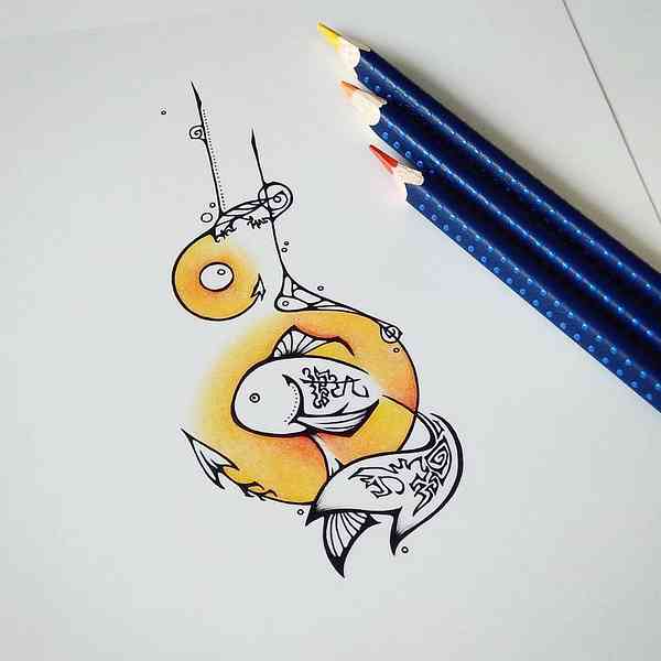 Illustration abstraite à l'encre représentant un poisson rouge