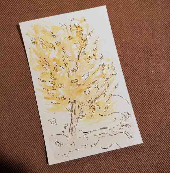 Illustration à l'aquarelle d'un arbre pris par le vent. Des petits êtres de la nature sont accrochés aux branches et au vent pour éviter de s'envoler.