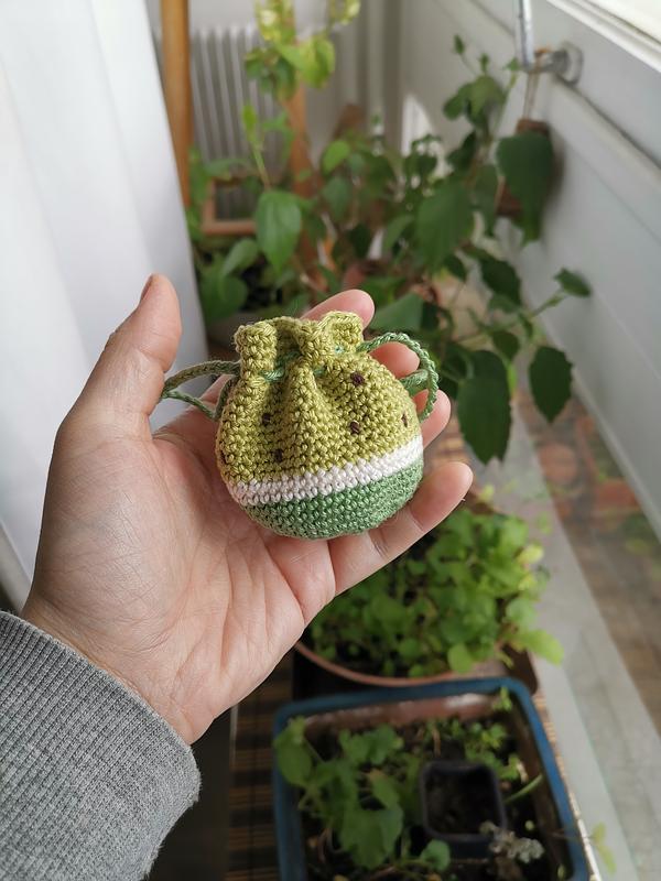 Une main qui tient un petit sac en crochet avec un motif de pastèque verte. On aperçoit des plantes en arrière-plan.