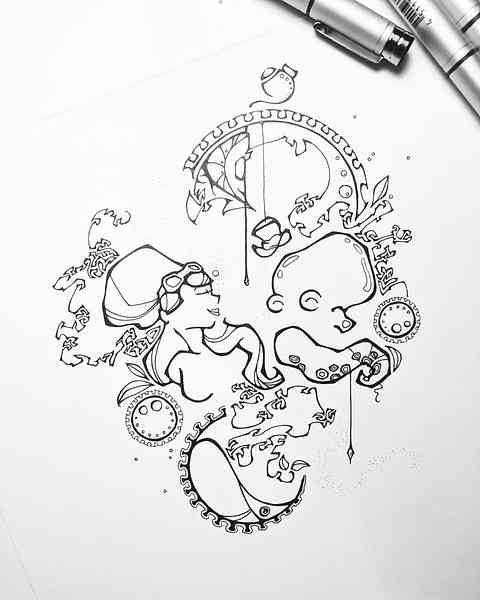 Illustration à l'encre, reprise de Otto et Victoria de Brian Kesinger