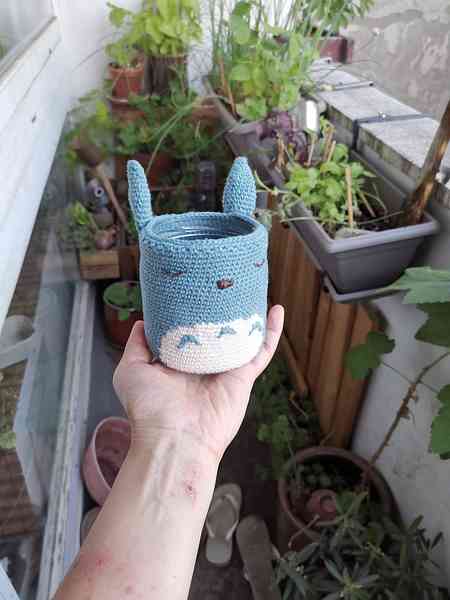 Une main qui tient un pot en verre avec un cache-pot Totoro crocheté en bleu et blanc. On aperçoit des plantes en arrière-plan.