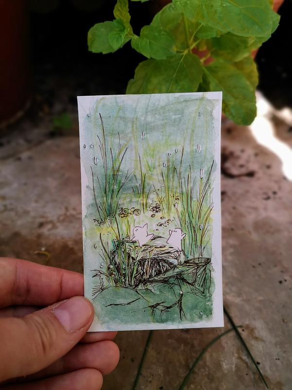 Illustration à l'aquarelle de petits êtres de la nature qui dansent sous la pluie au milieu d'herbes hautes