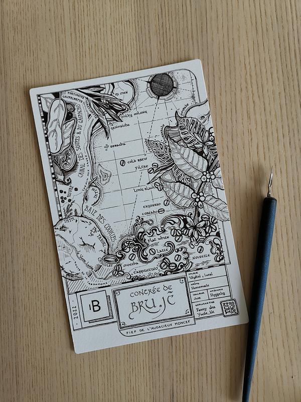 Une carte imaginaire à l'encre représentant les boissons chaudes et les gourmandises servies dans un café alternatif de Paris, nommé "Brouillon". Le dessin est stylisé et reprend les codes de la cartographie.