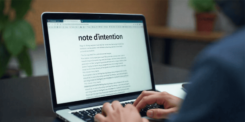 Ordinateur ouvert montrant une personne rédigeant une note d'intention sur l'écran, illustration du processus de rédaction d'une note d'intention pour un consultant.