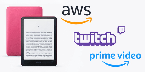 Illustration avec le logo d’Amazon Web Serivces, d’un Kindle, du logo d’Amazon Prime Video et du logo Twitch illustrant la stratégie de diversification d’Amazon