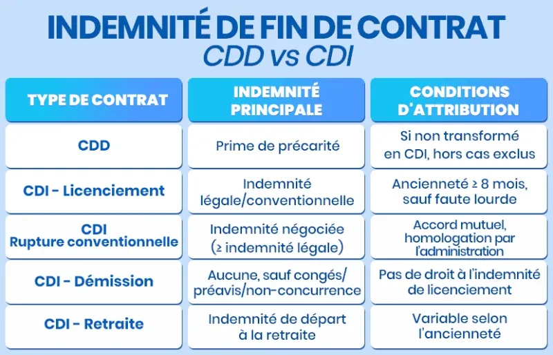 Comparatif des indemnités de fin de contrat : CDD avec prime de précarité de 10 % versus indemnités en CDI