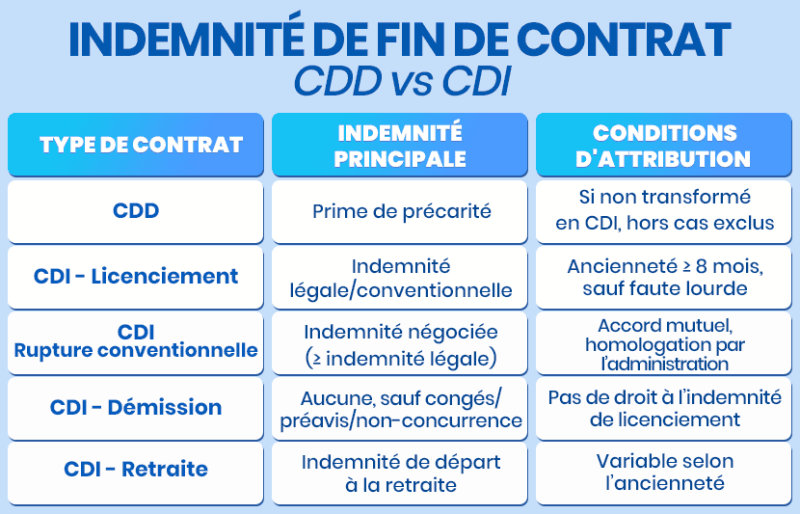 Comparatif des indemnités de fin de contrat : CDD avec prime de précarité de 10 % versus indemnités en CDI